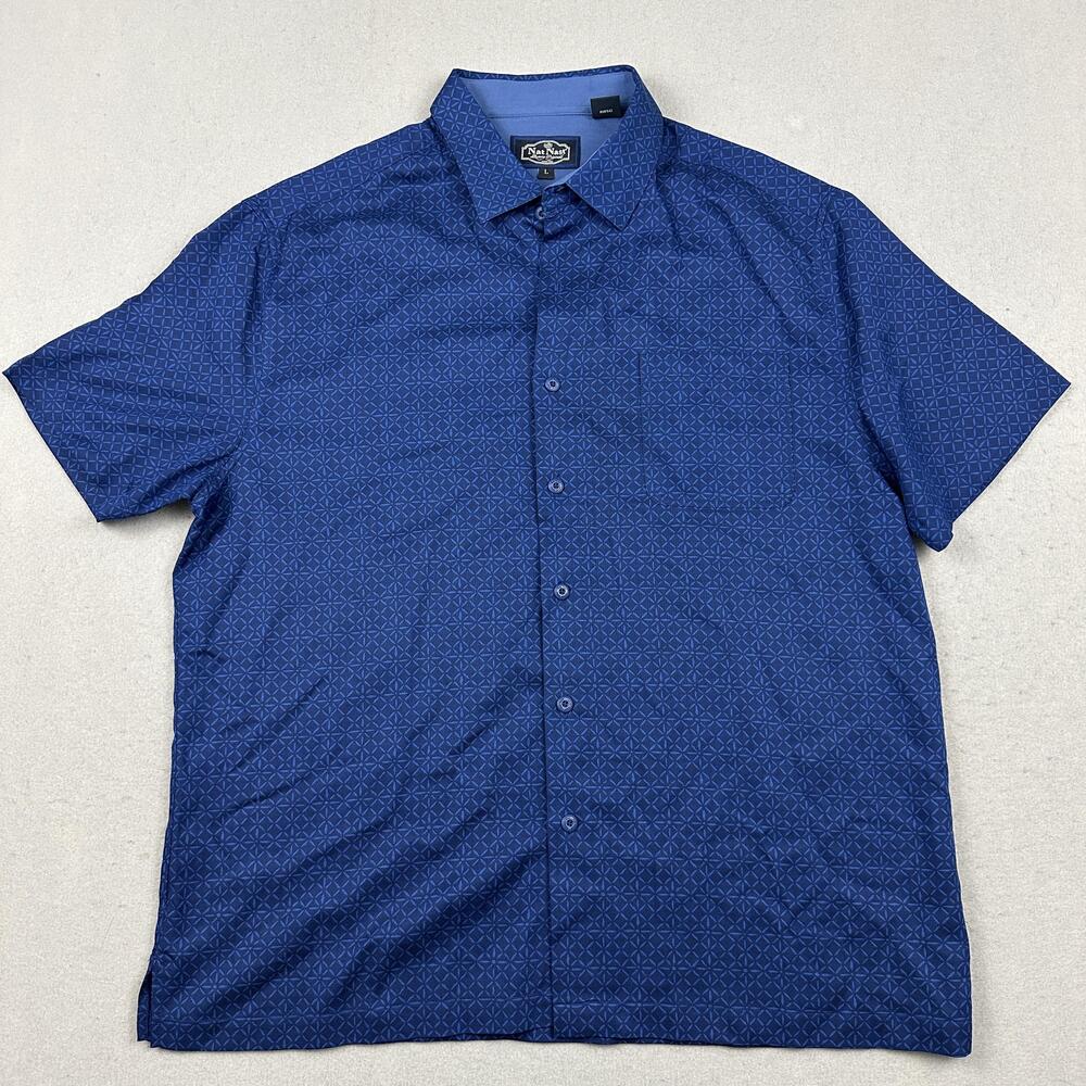 Nat Nast Shirt Men Large Blue Geometric Silk Cotton Short Sleeve Button Up L
